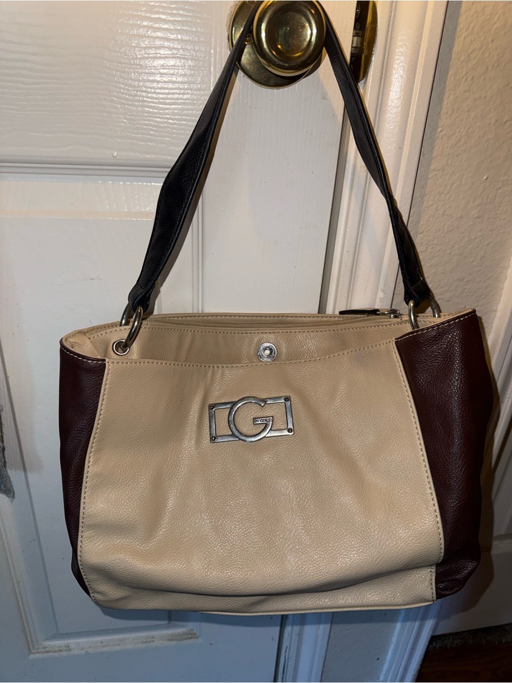 G by Guess Beige and Brown Shoulder Bag with Black Straps